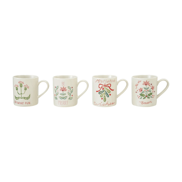 Hand-Painted Stoneware Mug with Wax Relief Holiday Botanicals & Saying (4 Styles)