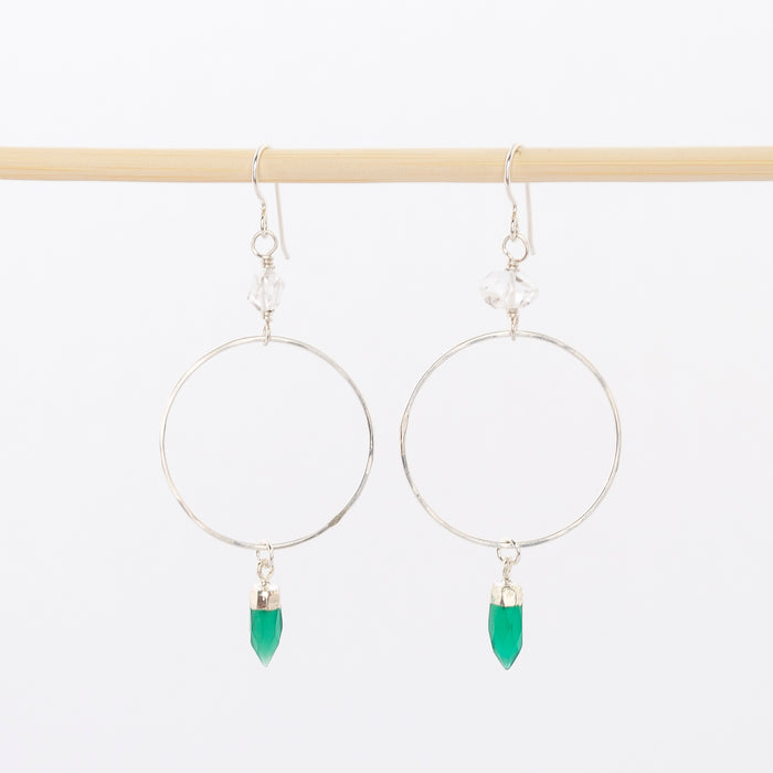 Herkimer diamond and green onyx hoops - precious stones - dangle earrings - wire backs - sterling silver - handmade in Maine - jewelry