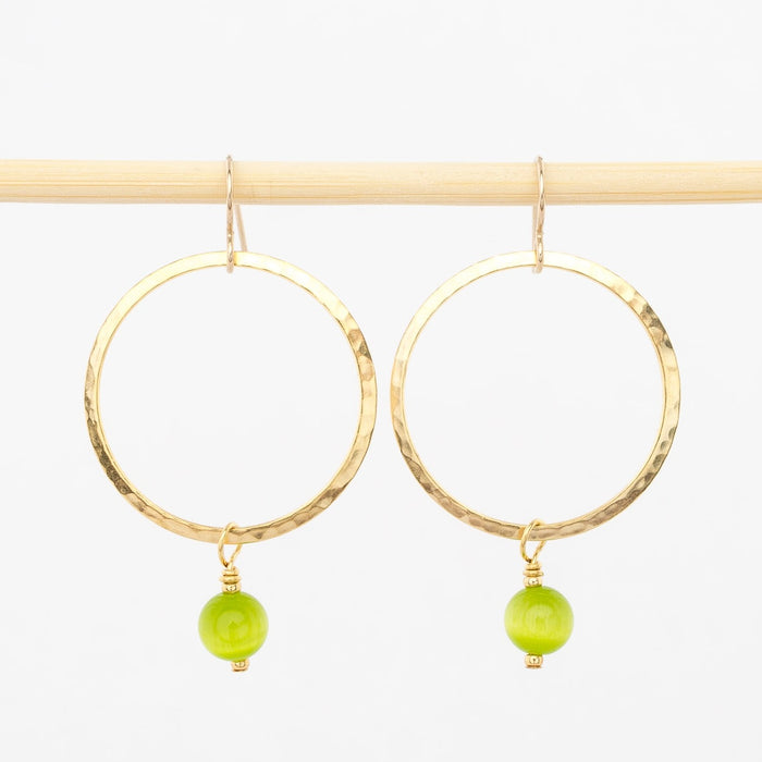 lime green bead and gold dangle hoop earrings - hope - hammered metal