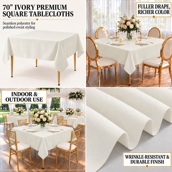 ivory premium polyester square tablecloth on a dining table