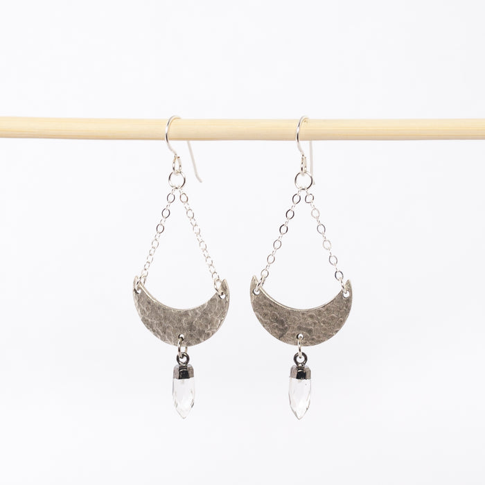 silver crescent moon and quartz point earrings - dangles - boho style jewelry - women's fashion - stellar creature jewelry