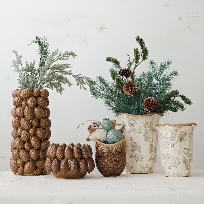 Tall Stoneware Vase with 3D Pinecones (Brown)