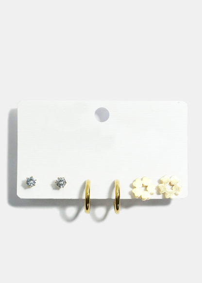 3-Pair Flower Stud & Hoop Earrings