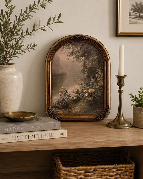 Antiqued Framed Floral Landscape Vignette 11 x 14