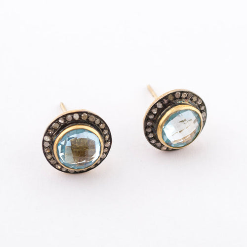 Stud Earrings - Raw Diamonds - Aquamarine - side view - handmade - jewelry