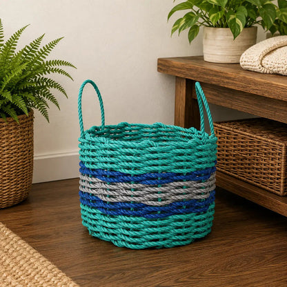 Authentic Maine Lobster Rope Storage Basket Teal and Light Gray with Blue Accents