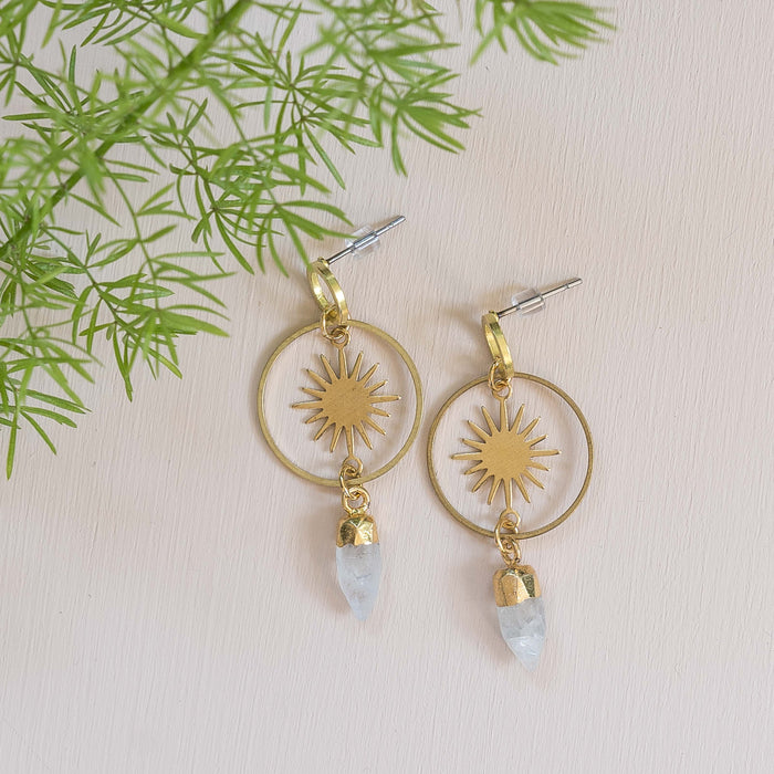 Brass Sun + Moonstone Post Earrings