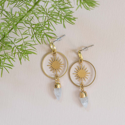 Brass Sun + Moonstone Post Earrings