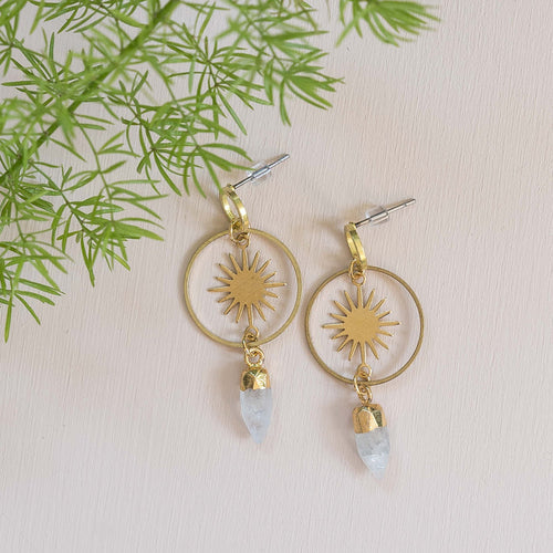 Brass Sun + Moonstone Post Earrings