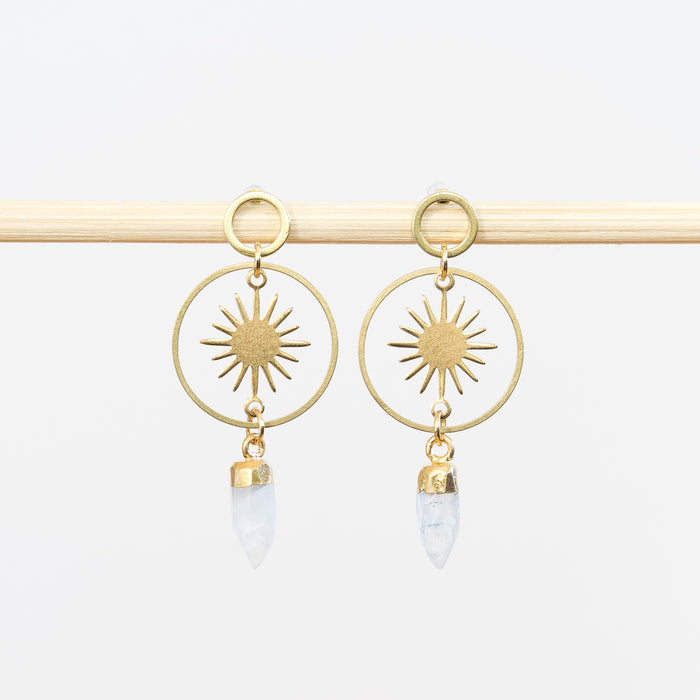 Brass Sun + Moonstone Post Earrings
