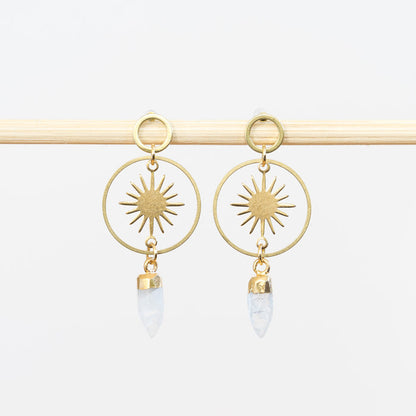Brass Sun + Moonstone Post Earrings
