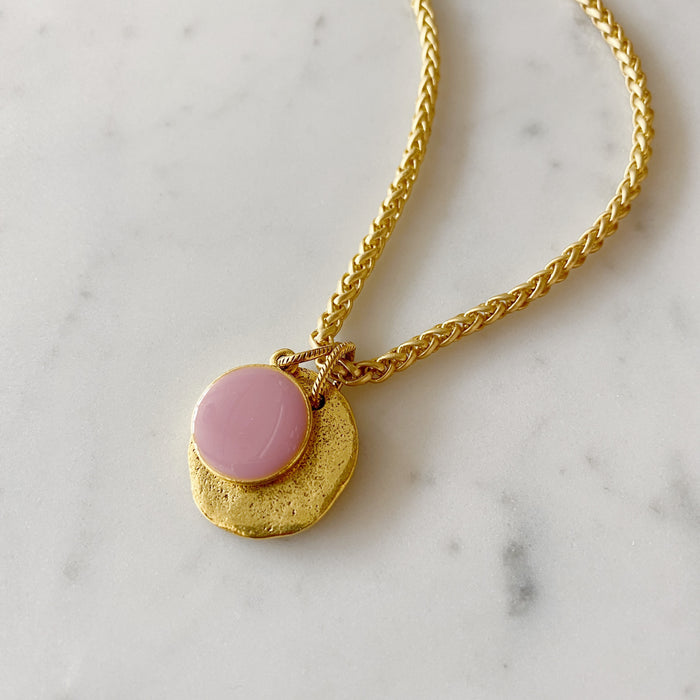 Circle Charms Cloisonne' Necklace - pink
