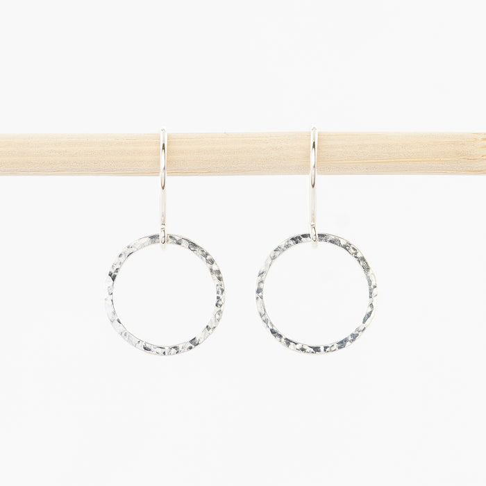 hoop drop earrings in sterling silver - hammered metal - french wire backs