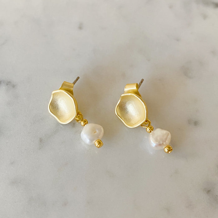 Concave Post Earrings with Tiny Pearl Drop