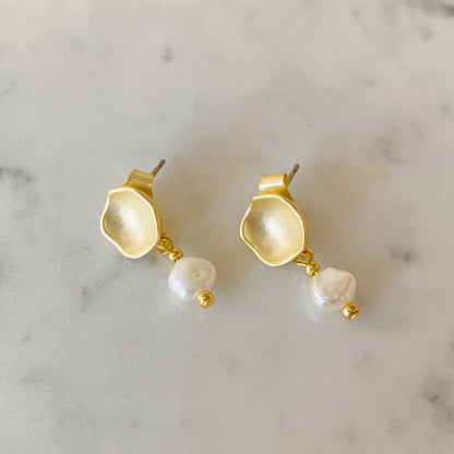 Concave Post Earrings with Tiny Pearl Drop