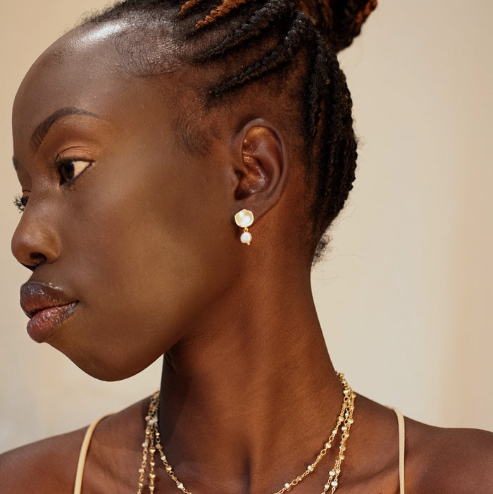 Concave Post Earrings with Tiny Pearl Drop