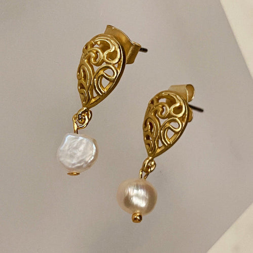 Filigree Post Earrings with Tiny Pearl Drop