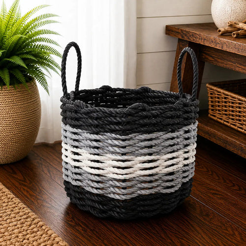 Five Stripe Rope Storage Basket Black, Gray and White