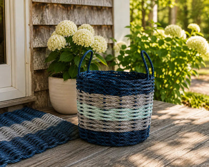 Five Stripe Rope Storage Basket Navy Blue, Light Gray, Seafoam