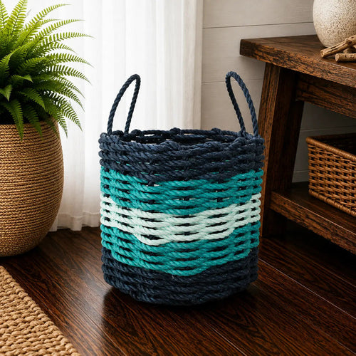 Five Stripe Rope Storage Basket Navy Blue, Teal & Seafoam
