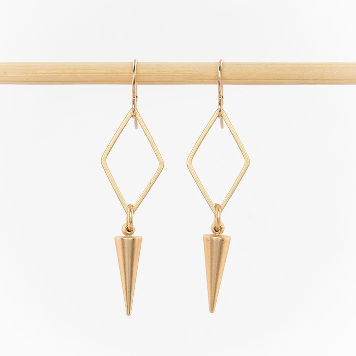gold geometric dangle earrings - women's jewelry - open diamonds and spike drops - gold plated  - french hooks