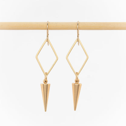 gold geometric dangle earrings - women's jewelry - open diamonds and spike drops - gold plated  - french hooks