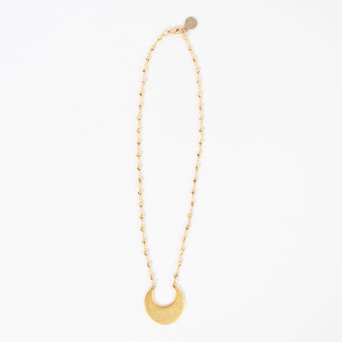 full view of the matte gold crescent moon necklace - lobster claw clasp