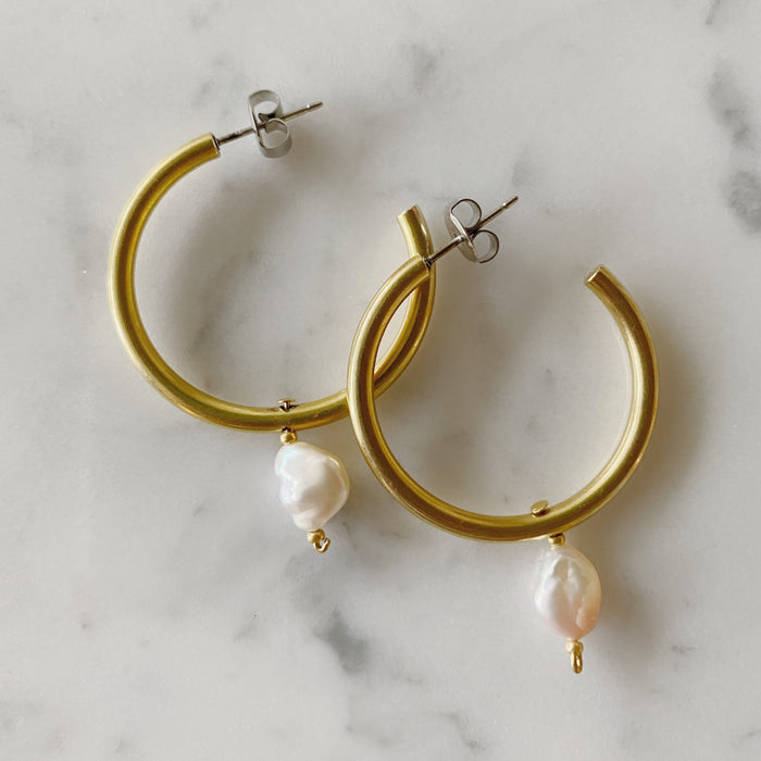 ~ Gold Hoop Drop Earrings with pink pearls