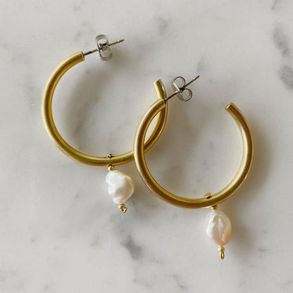 ~ Gold Hoop Drop Earrings with pink pearls