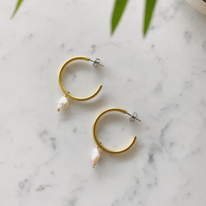 ~ Gold Hoop Drop Earrings with pink pearls
