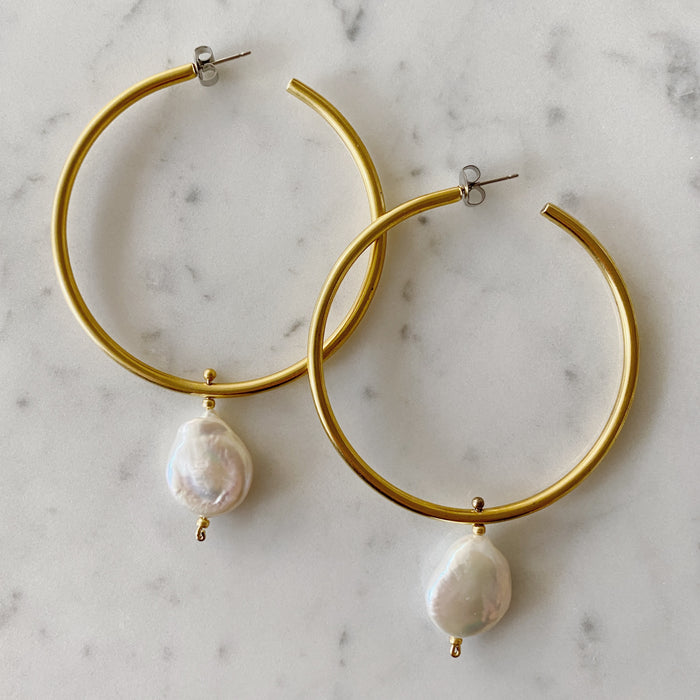 ~ Gold Hoops with Freshwater Pearl Drop Earrings