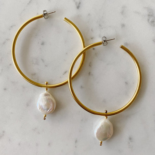 ~ Gold Hoops with Freshwater Pearl Drop Earrings