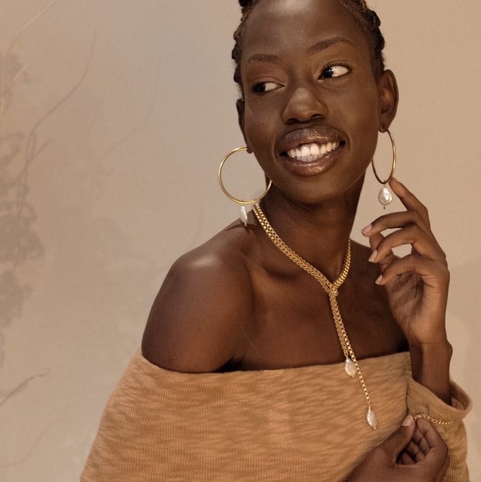 ~ Gold Hoops with Freshwater Pearl Drop Earrings
