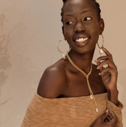 ~ Gold Hoops with Freshwater Pearl Drop Earrings