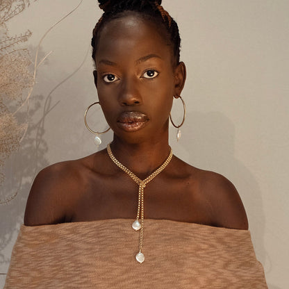 ~ Gold Hoops with Freshwater Pearl Drop Earrings