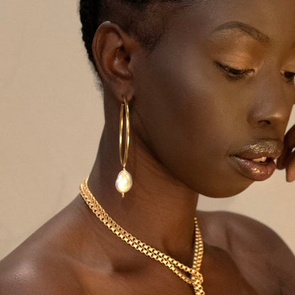 ~ Gold Hoops with Freshwater Pearl Drop Earrings