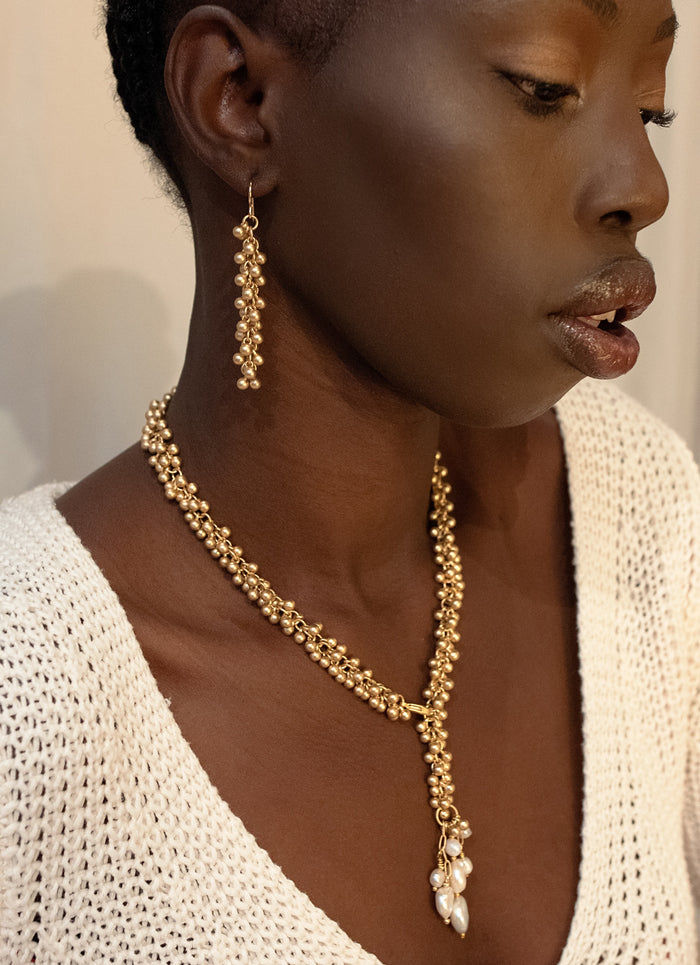 ~ Golden Bells with Pearl Tassel Necklace