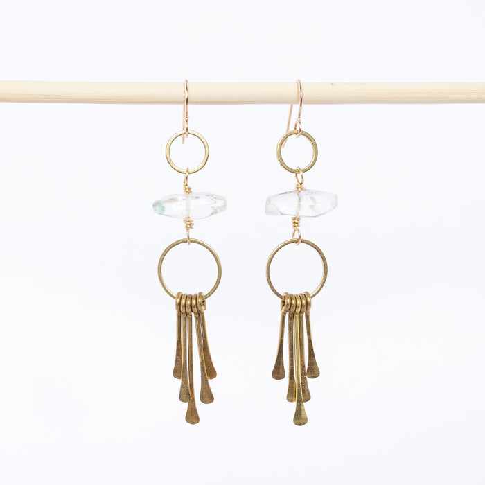 phantom quartz earrings - dangles - hammered brass paddles - bohemian - jewelry
