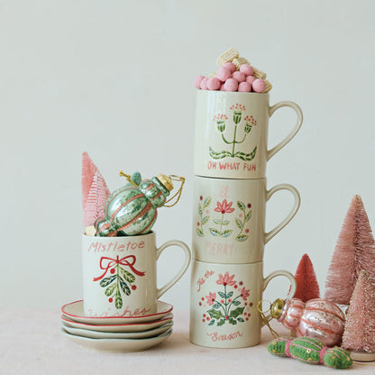 Hand-Painted Stoneware Mug with Wax Relief Holiday Botanicals & Saying (4 Styles)