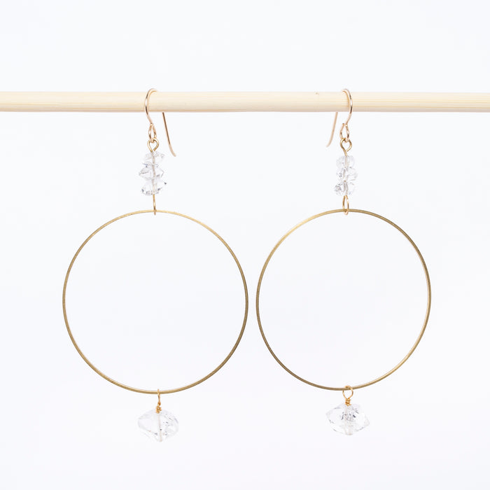 herkimer diamond hoop earrings - gold - brass dangles - handmade in Maine