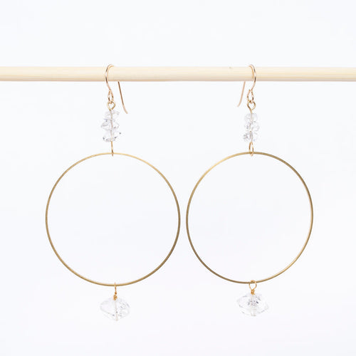 herkimer diamond hoop earrings - gold - brass dangles - handmade in Maine