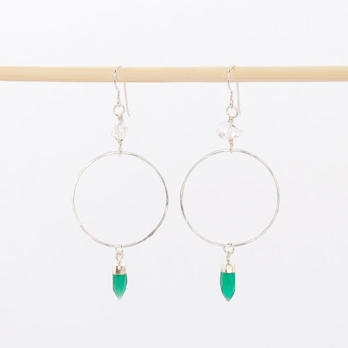 Herkimer diamond and green onyx hoops - precious stones - dangle earrings - wire backs - sterling silver - handmade in Maine - jewelry