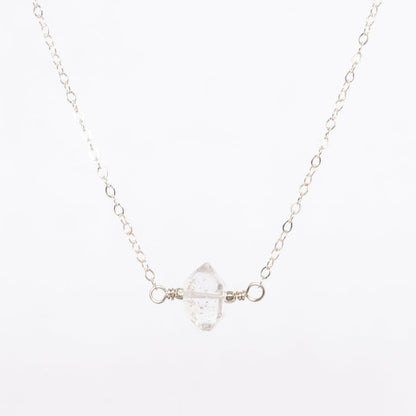 close up image of the silver herkimer diamond necklace - silver beads - delicate chain - simplistic jewelry