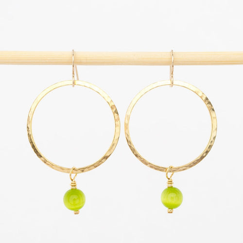 lime green bead and gold dangle hoop earrings - hope - hammered metal