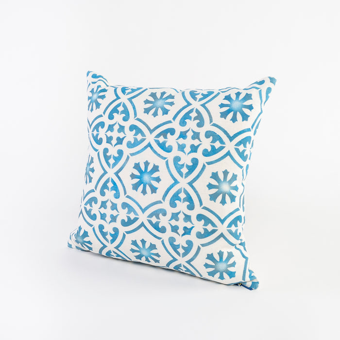 blue and white patterned linen pillow - square shaped - handmade in Maine - screen printed