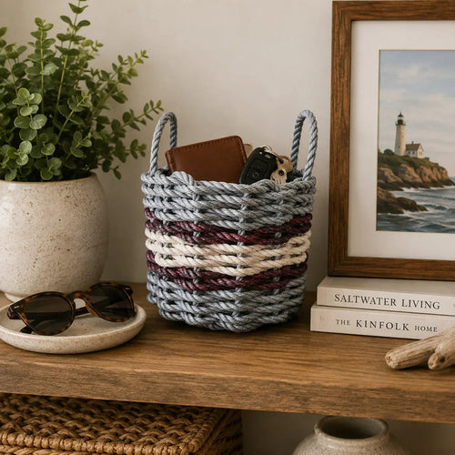 Lobster Rope Basket Light Gray and Light Tan, Burgundy Accents
