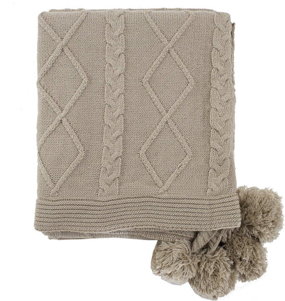 Luxe Faux Fur Cable Knit Reversible Pom Pom Cozy Throw Blanket, 50" x 60" (Taupe) [Online Only]