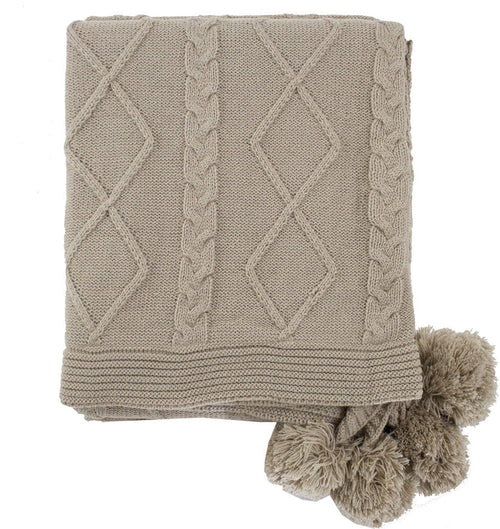 Luxe Faux Fur Cable Knit Reversible Pom Pom Cozy Throw Blanket, 50" x 60" (Taupe) [Online Only]