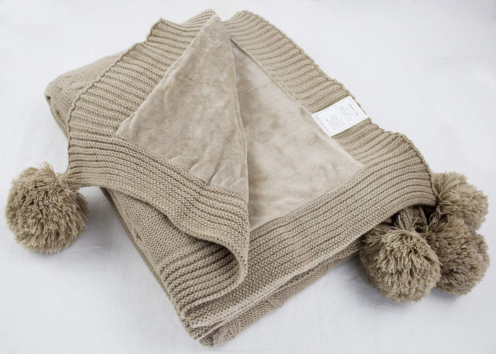Luxe Faux Fur Cable Knit Reversible Pom Pom Cozy Throw Blanket, 50" x 60" (Taupe) [Online Only]
