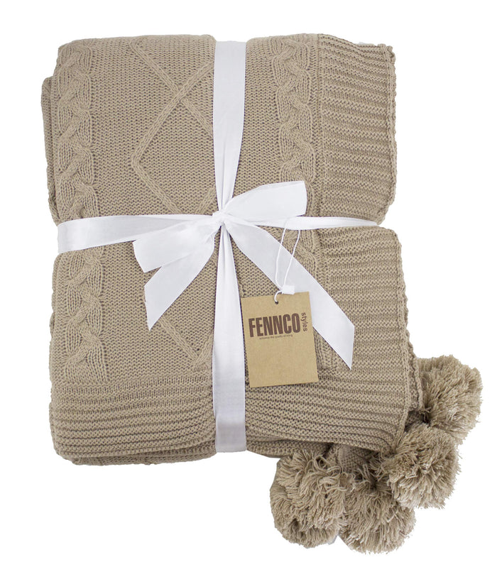 Luxe Faux Fur Cable Knit Reversible Pom Pom Cozy Throw Blanket, 50" x 60" (Taupe) [Online Only]
